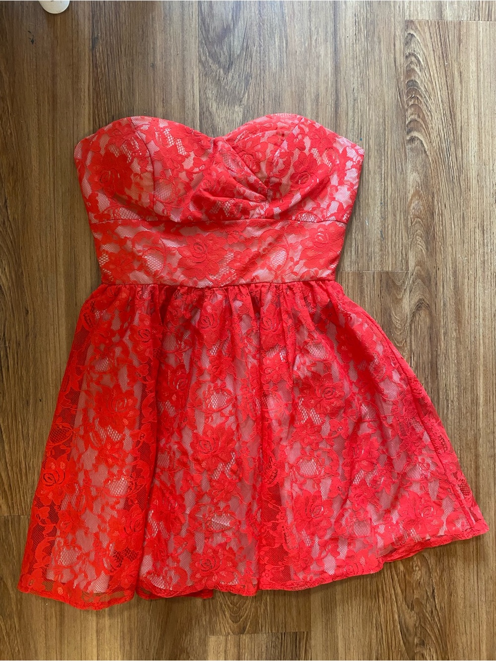 Elise Ryan Red Lace Strapless Bandeau Skater Dress Sweetheart Corset Mini